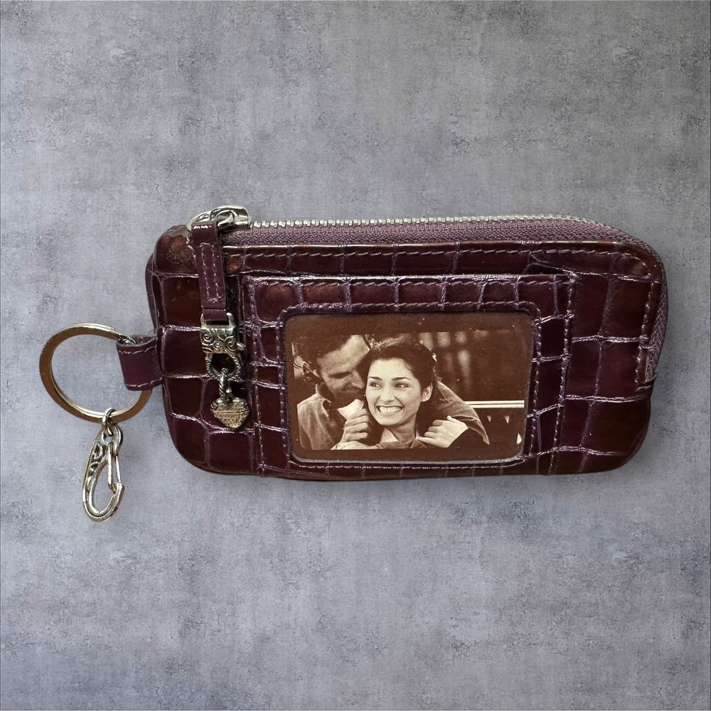 Brighton Coin Pouch Wallet Plum Purple Key Chain Croc Embossed Leather ID Zip
